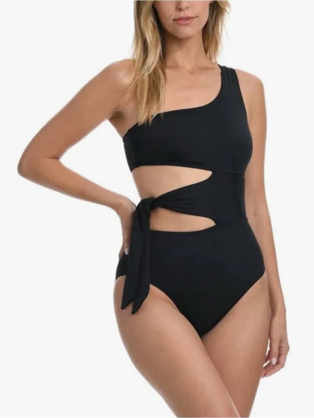 LA BLANCA One-Shoulder Black Cutout Tie-Side Tummy Control  Swimsuit size 16